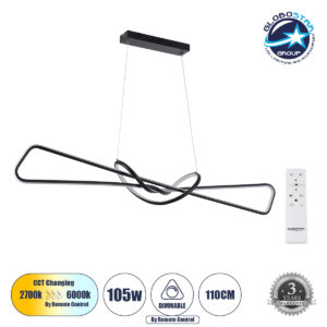 GloboStar® DOLORES 61279 Κρεμαστό Φωτιστικό Οροφής Design LED CCT 105W 11760lm 300° AC 220-240V – Εναλλαγή Φωτισμού μέσω Τηλεχειριστηρίου All In One Ψυχρό 6000k+Φυσικό 4500k+Θερμό 2700k Dimmable Μ110 x Π17 x Υ17.5cm – Μαύρο – 3 Years Warranty