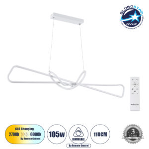 GloboStar® DOLORES 61280 Κρεμαστό Φωτιστικό Οροφής Design LED CCT 105W 11760lm 300° AC 220-240V – Εναλλαγή Φωτισμού μέσω Τηλεχειριστηρίου All In One Ψυχρό 6000k+Φυσικό 4500k+Θερμό 2700k Dimmable Μ110 x Π17 x Υ17.5cm – Λευκό – 3 Years Warranty