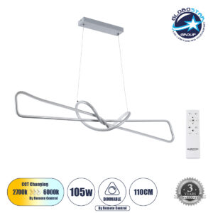 GloboStar® DOLORES 61281 Κρεμαστό Φωτιστικό Οροφής Design LED CCT 105W 11760lm 300° AC 220-240V – Εναλλαγή Φωτισμού μέσω Τηλεχειριστηρίου All In One Ψυχρό 6000k+Φυσικό 4500k+Θερμό 2700k Dimmable Μ110 x Π17 x Υ17.5cm – Νίκελ Ασημί Βούρτσας – 3 Years Warran