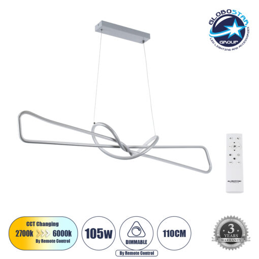 GloboStar® DOLORES 61281 Κρεμαστό Φωτιστικό Οροφής Design LED CCT 105W 11760lm 300° AC 220-240V – Εναλλαγή Φωτισμού μέσω Τηλεχειριστηρίου All In One Ψυχρό 6000k+Φυσικό 4500k+Θερμό 2700k Dimmable Μ110 x Π17 x Υ17.5cm – Νίκελ Ασημί Βούρτσας – 3 Years Warran