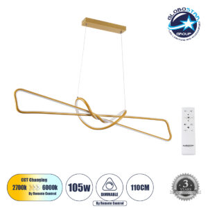 GloboStar® DOLORES 61282 Κρεμαστό Φωτιστικό Οροφής Design LED CCT 105W 11760lm 300° AC 220-240V – Εναλλαγή Φωτισμού μέσω Τηλεχειριστηρίου All In One Ψυχρό 6000k+Φυσικό 4500k+Θερμό 2700k Dimmable Μ110 x Π17 x Υ17.5cm – Χρυσό Βούρτσας – 3 Years Warranty