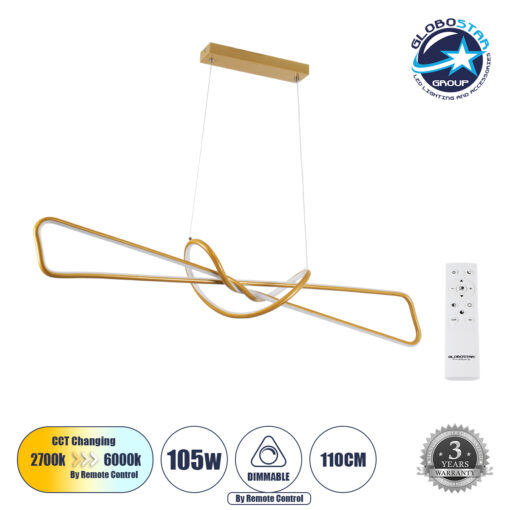 GloboStar® DOLORES 61282 Κρεμαστό Φωτιστικό Οροφής Design LED CCT 105W 11760lm 300° AC 220-240V – Εναλλαγή Φωτισμού μέσω Τηλεχειριστηρίου All In One Ψυχρό 6000k+Φυσικό 4500k+Θερμό 2700k Dimmable Μ110 x Π17 x Υ17.5cm – Χρυσό Βούρτσας – 3 Years Warranty