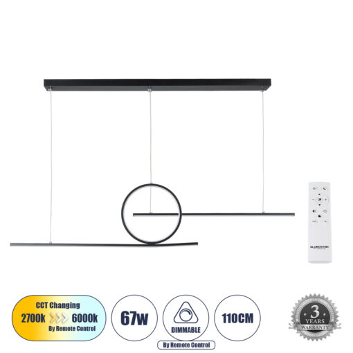 GloboStar® TEREZA 61288 Κρεμαστό Φωτιστικό Οροφής Design LED CCT 67W 7504lm 300° AC 220-240V – Εναλλαγή Φωτισμού μέσω Τηλεχειριστηρίου All In One Ψυχρό 6000k+Φυσικό 4500k+Θερμό 2700K Dimmable Μ110 x Π4.5 x Υ34cm – Μαύρο – 3 Χρόνια Εγγύηση