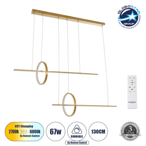 GloboStar® LINEARE 61291 Κρεμαστό Φωτιστικό Οροφής Design LED CCT 67W 7504lm 300° AC 220-240V – Εναλλαγή Φωτισμού μέσω Τηλεχειριστηρίου All In One Ψυχρό 6000k+Φυσικό 4500k+Θερμό 2700k Dimmable Μ130 x Π25 x Υ60cm – Χρυσό Πλατίνα – 3 Years Warranty
