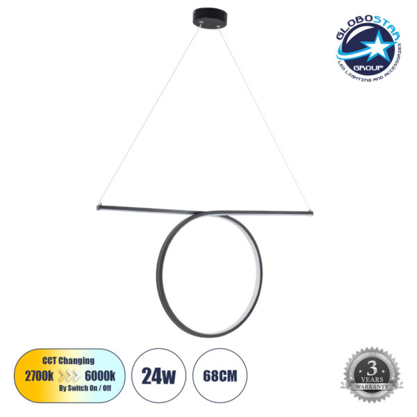 GloboStar® ROME 61294 Κρεμαστό Φωτιστικό Οροφής Linear Design LED CCT 24W 2640lm 200° AC 220-240V – Εναλλαγή Φωτισμού μέσω Διακόπτη On/Off All In One Ψυχρό 6000k+Φυσικό 4500k+Θερμό 2700k Μ65.5 x Π4 x Υ33cm – Μαύρο – 3 Years Warranty