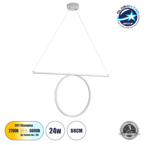 GloboStar® ROME 61295 Κρεμαστό Φωτιστικό Οροφής Linear Design LED CCT 24W 2640lm 200° AC 220-240V – Εναλλαγή Φωτισμού μέσω Διακόπτη On/Off All In One Ψυχρό 6000k+Φυσικό 4500k+Θερμό 2700k Μ65.5 x Π4 x Υ33cm – Λευκό – 3 Years Warranty