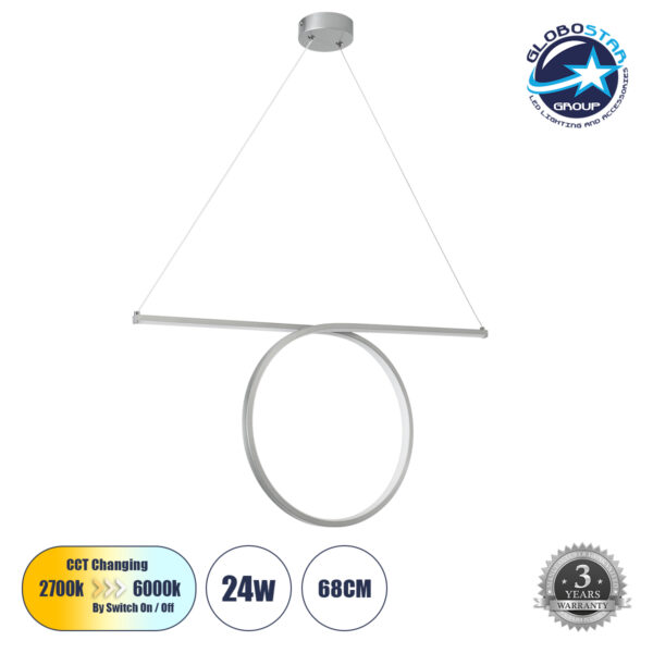 GloboStar® ROME 61296 Κρεμαστό Φωτιστικό Οροφής Linear Design LED CCT 24W 2640lm 200° AC 220-240V – Εναλλαγή Φωτισμού μέσω Διακόπτη On/Off All In One Ψυχρό 6000k+Φυσικό 4500k+Θερμό 2700k Μ65.5 x Π4 x Υ33cm – Ασημί Βούρτσας – 3 Years Warranty