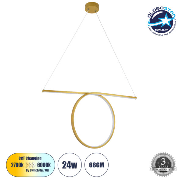 GloboStar® ROME 61297 Κρεμαστό Φωτιστικό Οροφής Linear Design LED CCT 24W 2640lm 200° AC 220-240V – Εναλλαγή Φωτισμού μέσω Διακόπτη On/Off All In One Ψυχρό 6000k+Φυσικό 4500k+Θερμό 2700k Μ65.5 x Π4 x Υ33cm – Χρυσό Βούρτσας – 3 Years Warranty