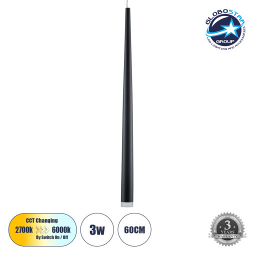 GloboStar® TEARS 61309 Κρεμαστό Φωτιστικό Οροφής Design LED CCT 3W 330lm 180° AC 220-240V – Εναλλαγή Φωτισμού μέσω Διακόπτη On/Off All In One Ψυχρό 6000k+Φυσικό 4500k+Θερμό 2700k Φ3.2 x Υ51.5cm – Μαύρο – 3 Years Warranty