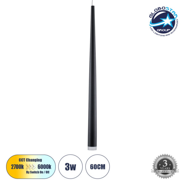 GloboStar® TEARS 61309 Κρεμαστό Φωτιστικό Οροφής Design LED CCT 3W 330lm 180° AC 220-240V – Εναλλαγή Φωτισμού μέσω Διακόπτη On/Off All In One Ψυχρό 6000k+Φυσικό 4500k+Θερμό 2700k Φ3.2 x Υ51.5cm – Μαύρο – 3 Years Warranty