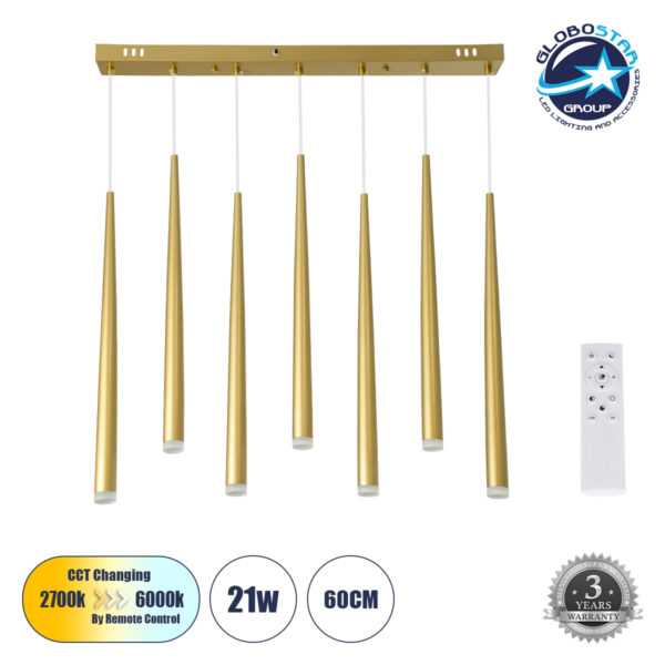 GloboStar® TEARS 61312 Κρεμαστό Φωτιστικό Οροφής Design LED CCT 21W 2310lm 180° AC 220-240V – Εναλλαγή Φωτισμού μέσω Τηλεχειριστηρίου All In One Ψυχρό 6000k+Φυσικό 4500k+Θερμό 2700k Dimmable Μ70 x Π3.2 x Υ60cm – Χρυσό Βούρτσας – 3 Years Warranty