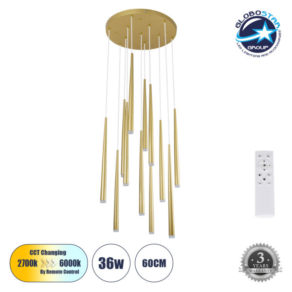 GloboStar® TEARS 61314 Κρεμαστό Φωτιστικό Οροφής Design LED CCT 36W 3960lm 180° AC 220-240V – Εναλλαγή Φωτισμού μέσω Τηλεχειριστηρίου All In One Ψυχρό 6000k+Φυσικό 4500k+Θερμό 2700k Dimmable Φ60 x Υ51.5cm – Χρυσό Βούρτσας – 3 Years Warranty