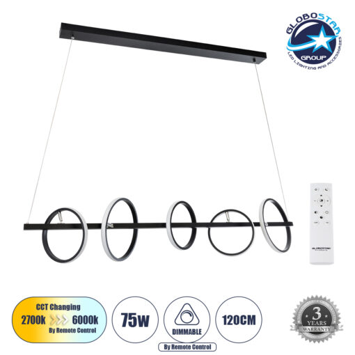GloboStar® CIRCOLARE 61319 Κρεμαστό Φωτιστικό Οροφής Design LED CCT 75W 8400lm 360° AC 220-240V – Εναλλαγή Φωτισμού μέσω Τηλεχειριστηρίου All In One Ψυχρό 6000k+Φυσικό 4500k+Θερμό 2700k Dimmable Μ120 x Π25 x Υ25cm – Μαύρο – 3 Χρόνια Εγγύηση