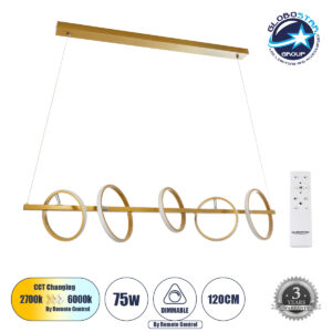 GloboStar® CIRCOLARE 61322 Κρεμαστό Φωτιστικό Οροφής Design LED CCT 75W 8400lm 360° AC 220-240V – Εναλλαγή Φωτισμού μέσω Τηλεχειριστηρίου All In One Ψυχρό 6000k+Φυσικό 4500k+Θερμό 2700k Dimmable Μ120 x Π25 x Υ25cm – Χρυσό – 3 Χρόνια Εγγύηση