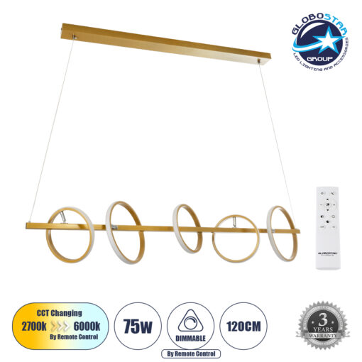 GloboStar® CIRCOLARE 61322 Κρεμαστό Φωτιστικό Οροφής Design LED CCT 75W 8400lm 360° AC 220-240V – Εναλλαγή Φωτισμού μέσω Τηλεχειριστηρίου All In One Ψυχρό 6000k+Φυσικό 4500k+Θερμό 2700k Dimmable Μ120 x Π25 x Υ25cm – Χρυσό – 3 Χρόνια Εγγύηση