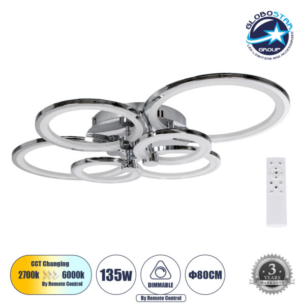 GloboStar® ROYAL-R 61324 Φωτιστικό Οροφής Design LED CCT 135W 16200lm 360° AC 220-240V – Εναλλαγή Φωτισμού μέσω Τηλεχειριστηρίου All In One Ψυχρό 6000k+Φυσικό 4500k+Θερμό 2700k Dimmable Μ80.5 x Π59 x Υ12cm – Νίκελ Χρώμιο – 3 Years Warranty