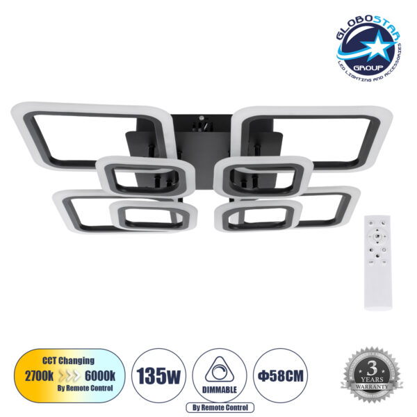 GloboStar® ROYAL-S 61325 Φωτιστικό Οροφής Design LED CCT 135W 16200lm 360° AC 220-240V – Εναλλαγή Φωτισμού μέσω Τηλεχειριστηρίου All In One Ψυχρό 6000k+Φυσικό 4500k+Θερμό 2700k Dimmable Μ58.5 x Π58.5 x Υ12cm – Μαύρο – 3 Years Warranty