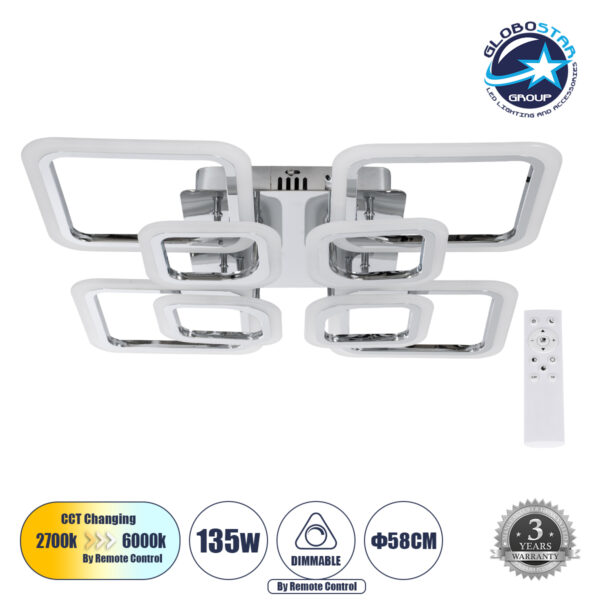 GloboStar® ROYAL-S 61326 Φωτιστικό Οροφής Design LED CCT 135W 16200lm 360° AC 220-240V – Εναλλαγή Φωτισμού μέσω Τηλεχειριστηρίου All In One Ψυχρό 6000k+Φυσικό 4500k+Θερμό 2700k Dimmable Μ58.5 x Π58.5 x Υ12cm – Νίκελ Χρώμιο – 3 Years Warranty