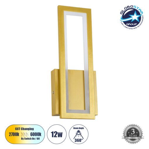 GloboStar® TIARA 61328 Φωτιστικό Τοίχου – Απλίκα Design LED CCT 12W 1440lm 360° AC 220-240V – Εναλλαγή Φωτισμού μέσω Διακόπτη On/Off All In One Ψυχρό 6000k+Φυσικό 4500k+Θερμό 2700k Μ12.5 x Π4 x Υ32cm – Χρυσό – 3 Years Warranty