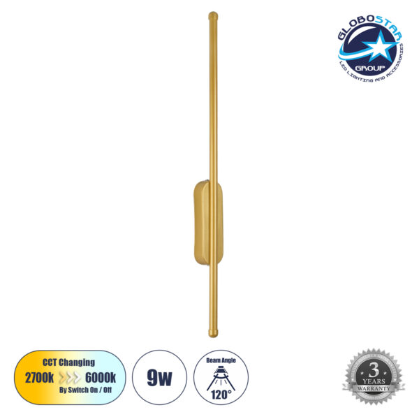 GloboStar® HARLEM 61332 Φωτιστικό Τοίχου – Απλίκα Design LED CCT 9W 1080lm 120° AC 220-240V – Εναλλαγή Φωτισμού μέσω Διακόπτη On/Off All In One Ψυχρό 6000k+Φυσικό 4500k+Θερμό 2700k Μ5 x Π4 x Υ60cm – Χρυσό – 3 Years Warranty