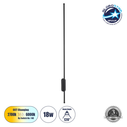 GloboStar® HARLEM 61335 Φωτιστικό Τοίχου – Απλίκα Design LED CCT 18W 2160lm 120° AC 220-240V – Εναλλαγή Φωτισμού μέσω Διακόπτη On/Off All In One Ψυχρό 6000k+Φυσικό 4500k+Θερμό 2700k Μ5 x Π4 x Υ120cm – Μαύρο – 3 Years Warranty