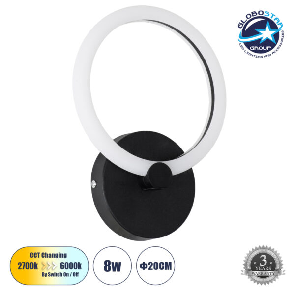 GloboStar® MATILDA 61339 Φωτιστικό Τοίχου – Απλίκα Design LED CCT 8W 960lm 360° AC 220-240V – Εναλλαγή Φωτισμού μέσω Διακόπτη On/Off All In One Ψυχρό 6000k+Φυσικό 4500k+Θερμό 2700k Μ20 x Π5 x Υ25.5cm – Μαύρο – 3 Years Warranty