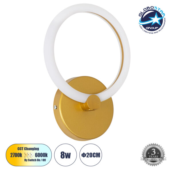 GloboStar® MATILDA 61340 Φωτιστικό Τοίχου – Απλίκα Design LED CCT 8W 960lm 360° AC 220-240V – Εναλλαγή Φωτισμού μέσω Διακόπτη On/Off All In One Ψυχρό 6000k+Φυσικό 4500k+Θερμό 2700k Μ20 x Π5 x Υ25.5cm – Χρυσό – 3 Years Warranty