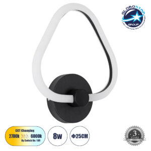 GloboStar® REGINA 61341 Φωτιστικό Τοίχου – Απλίκα Design LED CCT 8W 960lm 360° AC 220-240V – Εναλλαγή Φωτισμού μέσω Διακόπτη On/Off All In One Ψυχρό 6000k+Φυσικό 4500k+Θερμό 2700k Μ25 x Π7 x Υ28.5cm – Μαύρο – 3 Years Warranty