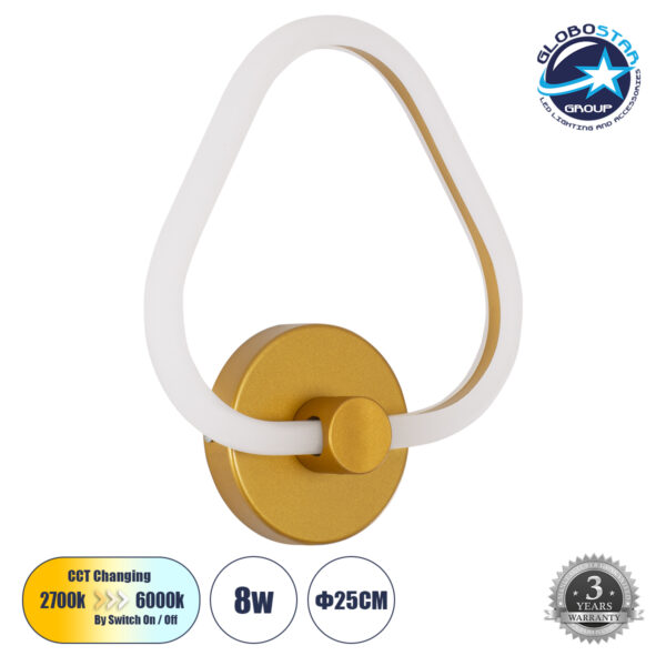 GloboStar® REGINA 61342 Φωτιστικό Τοίχου – Απλίκα Design LED CCT 8W 960lm 360° AC 220-240V – Εναλλαγή Φωτισμού μέσω Διακόπτη On/Off All In One Ψυχρό 6000k+Φυσικό 4500k+Θερμό 2700k Μ25 x Π7 x Υ28.5cm – Χρυσό – 3 Years Warranty
