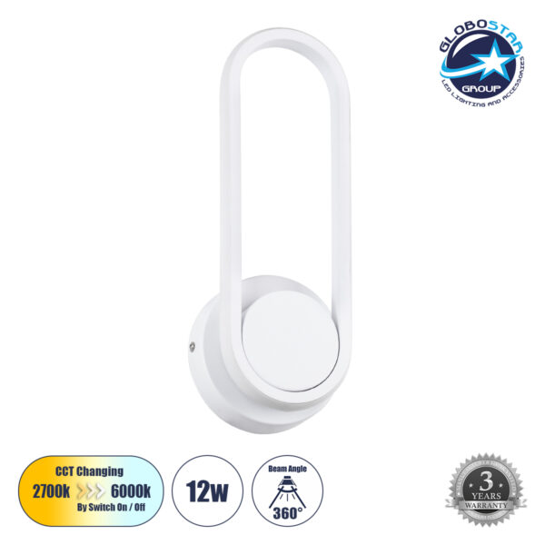 GloboStar® DALLAS 61346 Φωτιστικό Τοίχου – Απλίκα Design LED CCT 12W 1440lm 360° AC 220-240V – Εναλλαγή Φωτισμού μέσω Διακόπτη On/Off All In One Ψυχρό 6000k+Φυσικό 4500k+Θερμό 2700k Μ12 x Π6.5 x Υ32cm – Λευκό – 3 Years Warranty