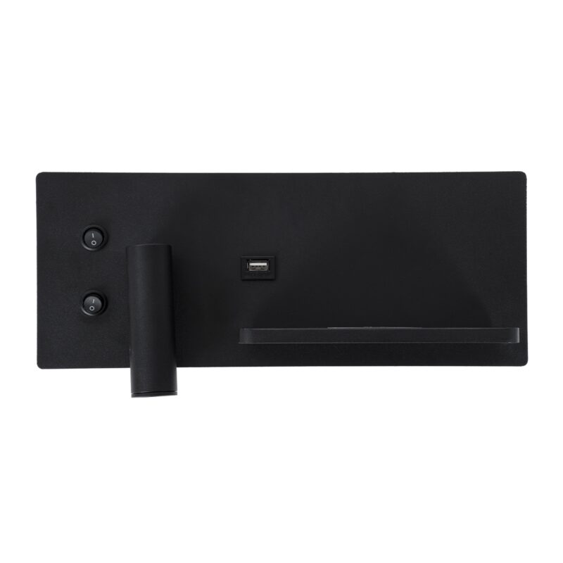 GloboStar® PALADIN 61352 Μοντέρνο Φωτιστικό Τοίχου – Απλίκα Ξενοδοχείου Bed Side LED 6W 720lm 36° AC 220-240V – Reading Light & Κρυφός Φωτισμός – Φορτιστές USB 3A & Wireless 20W – Μ30 x Π11 x Υ12cm – Φυσικό Λευκό 4500K – Μαύρο – Δεξί