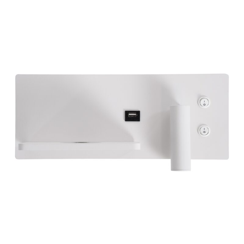 GloboStar® PALADIN 61353 Μοντέρνο Φωτιστικό Τοίχου – Απλίκα Ξενοδοχείου Bed Side LED 6W 720lm 36° AC 220-240V – Reading Light & Κρυφός Φωτισμός – Φορτιστές USB 3A & Wireless 20W – Μ30 x Π11 x Υ12cm – Φυσικό Λευκό 4500K – Λευκό – Αριστερό