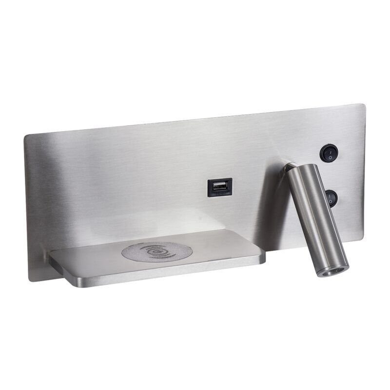 GloboStar® PALADIN 61355 Μοντέρνο Φωτιστικό Τοίχου – Απλίκα Ξενοδοχείου Bed Side LED 6W 720lm 36° AC 220-240V – Reading Light & Κρυφός Φωτισμός – Φορτιστές USB 3A & Wireless 20W – Μ30 x Π11 x Υ12cm – Φυσικό Λευκό 4500K – Νίκελ Βούρτσας – Αριστερό