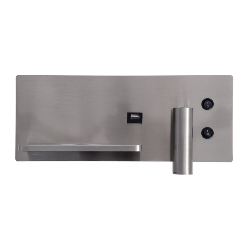 GloboStar® PALADIN 61355 Μοντέρνο Φωτιστικό Τοίχου – Απλίκα Ξενοδοχείου Bed Side LED 6W 720lm 36° AC 220-240V – Reading Light & Κρυφός Φωτισμός – Φορτιστές USB 3A & Wireless 20W – Μ30 x Π11 x Υ12cm – Φυσικό Λευκό 4500K – Νίκελ Βούρτσας – Αριστερό