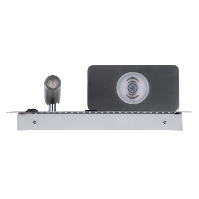 GloboStar® PALADIN 61355 Μοντέρνο Φωτιστικό Τοίχου – Απλίκα Ξενοδοχείου Bed Side LED 6W 720lm 36° AC 220-240V – Reading Light & Κρυφός Φωτισμός – Φορτιστές USB 3A & Wireless 20W – Μ30 x Π11 x Υ12cm – Φυσικό Λευκό 4500K – Νίκελ Βούρτσας – Αριστερό