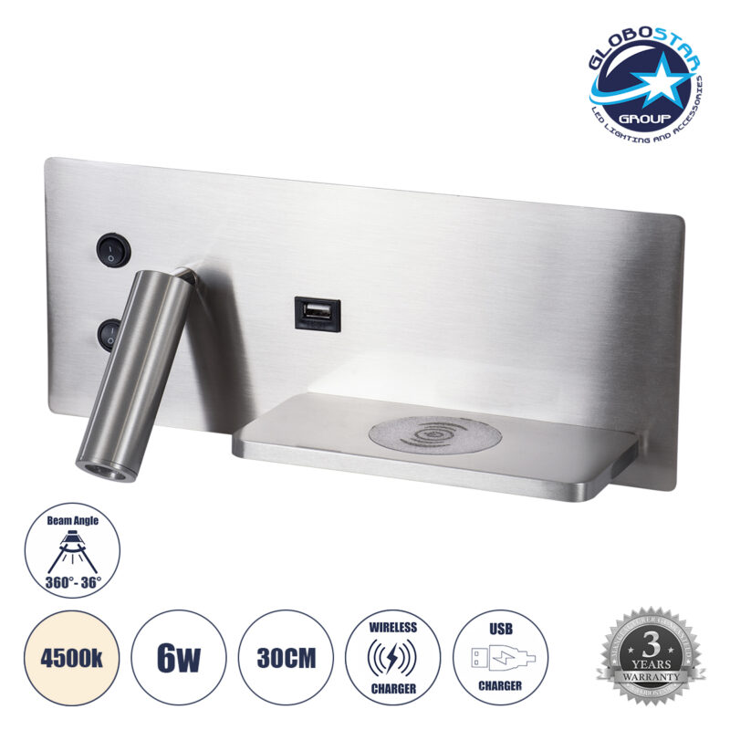 GloboStar® PALADIN 61356 Μοντέρνο Φωτιστικό Τοίχου – Απλίκα Ξενοδοχείου Bed Side LED 6W 720lm 36° AC 220-240V – Reading Light & Κρυφός Φωτισμός – Φορτιστές USB 3A & Wireless 20W – Μ30 x Π11 x Υ12cm – Φυσικό Λευκό 4500K – Νίκελ Βούρτσας – Δεξί