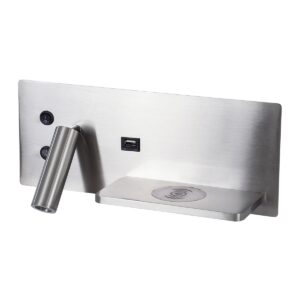 GloboStar® PALADIN 61356 Μοντέρνο Φωτιστικό Τοίχου – Απλίκα Ξενοδοχείου Bed Side LED 6W 720lm 36° AC 220-240V – Reading Light & Κρυφός Φωτισμός – Φορτιστές USB 3A & Wireless 20W – Μ30 x Π11 x Υ12cm – Φυσικό Λευκό 4500K – Νίκελ Βούρτσας – Δεξί