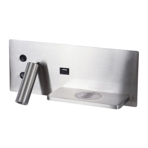 GloboStar® PALADIN 61356 Μοντέρνο Φωτιστικό Τοίχου – Απλίκα Ξενοδοχείου Bed Side LED 6W 720lm 36° AC 220-240V – Reading Light & Κρυφός Φωτισμός – Φορτιστές USB 3A & Wireless 20W – Μ30 x Π11 x Υ12cm – Φυσικό Λευκό 4500K – Νίκελ Βούρτσας – Δεξί