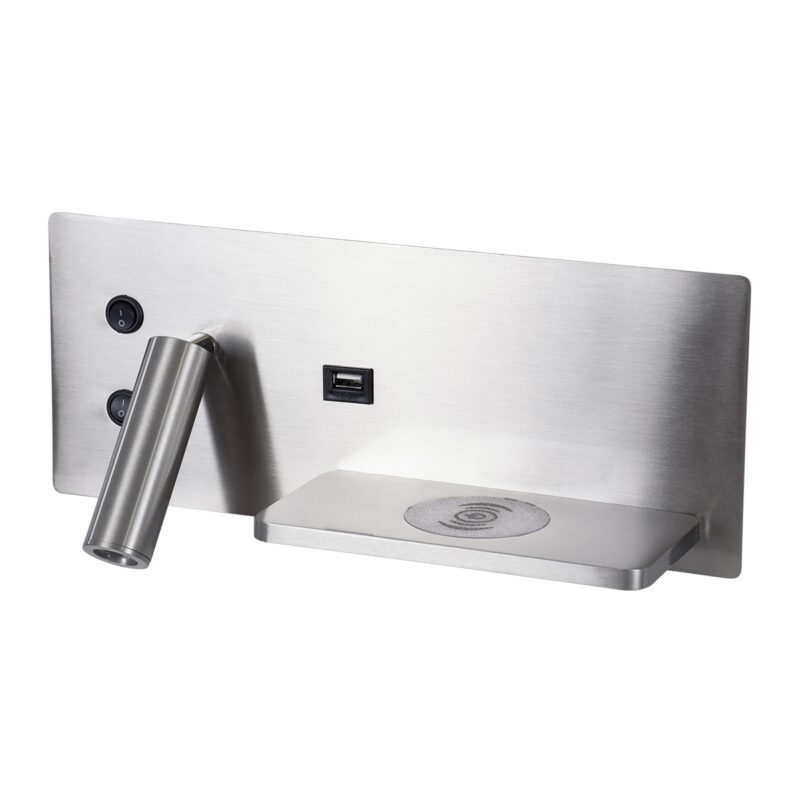 GloboStar® PALADIN 61356 Μοντέρνο Φωτιστικό Τοίχου – Απλίκα Ξενοδοχείου Bed Side LED 6W 720lm 36° AC 220-240V – Reading Light & Κρυφός Φωτισμός – Φορτιστές USB 3A & Wireless 20W – Μ30 x Π11 x Υ12cm – Φυσικό Λευκό 4500K – Νίκελ Βούρτσας – Δεξί