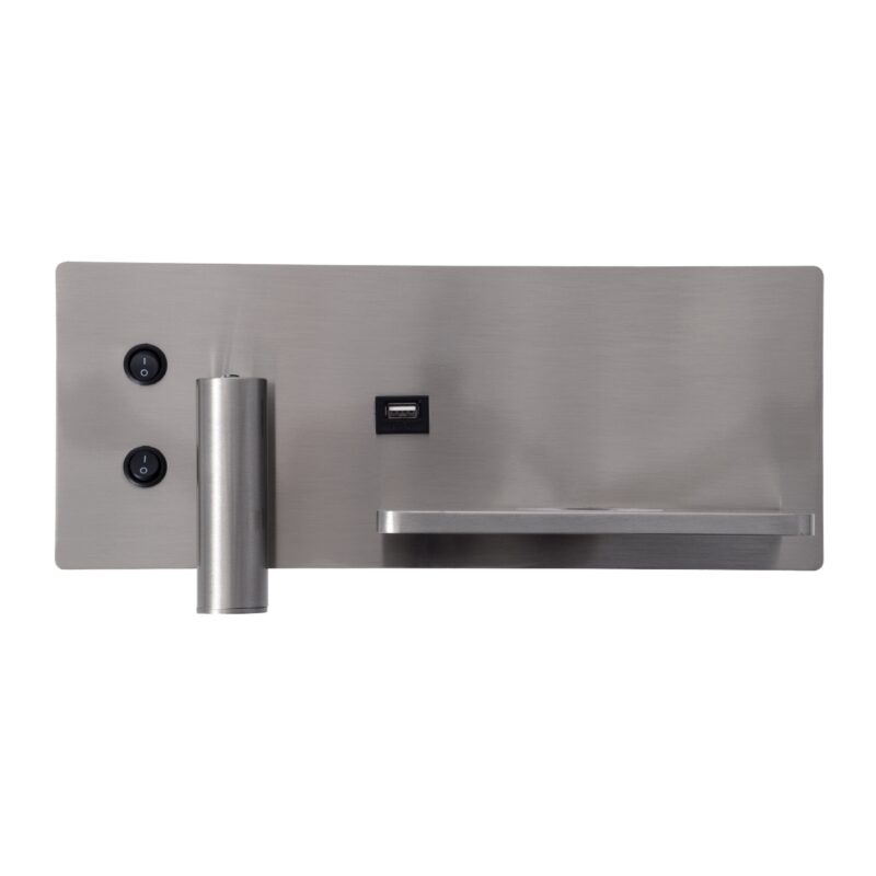 GloboStar® PALADIN 61356 Μοντέρνο Φωτιστικό Τοίχου – Απλίκα Ξενοδοχείου Bed Side LED 6W 720lm 36° AC 220-240V – Reading Light & Κρυφός Φωτισμός – Φορτιστές USB 3A & Wireless 20W – Μ30 x Π11 x Υ12cm – Φυσικό Λευκό 4500K – Νίκελ Βούρτσας – Δεξί