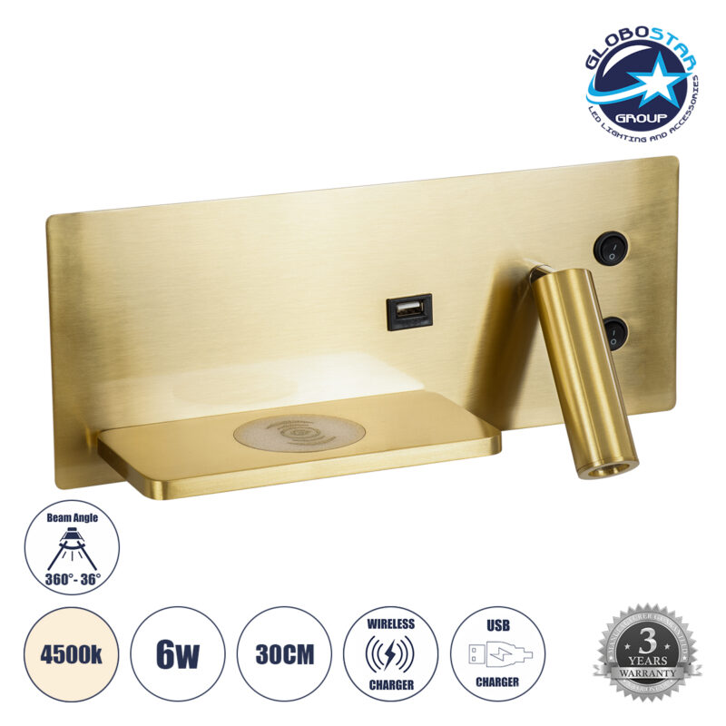 GloboStar® PALADIN 61357 Μοντέρνο Φωτιστικό Τοίχου – Απλίκα Ξενοδοχείου Bed Side LED 6W 720lm 36° AC 220-240V – Reading Light & Κρυφός Φωτισμός – Φορτιστές USB 3A & Wireless 20W – Μ30 x Π11 x Υ12cm – Φυσικό Λευκό 4500K – Χρυσό Βούρτσας – Αριστερό