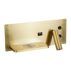 GloboStar® PALADIN 61357 Μοντέρνο Φωτιστικό Τοίχου – Απλίκα Ξενοδοχείου Bed Side LED 6W 720lm 36° AC 220-240V – Reading Light & Κρυφός Φωτισμός – Φορτιστές USB 3A & Wireless 20W – Μ30 x Π11 x Υ12cm – Φυσικό Λευκό 4500K – Χρυσό Βούρτσας – Αριστερό