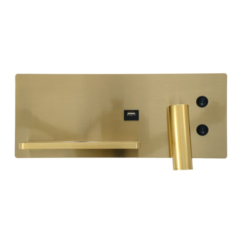 GloboStar® PALADIN 61357 Μοντέρνο Φωτιστικό Τοίχου – Απλίκα Ξενοδοχείου Bed Side LED 6W 720lm 36° AC 220-240V – Reading Light & Κρυφός Φωτισμός – Φορτιστές USB 3A & Wireless 20W – Μ30 x Π11 x Υ12cm – Φυσικό Λευκό 4500K – Χρυσό Βούρτσας – Αριστερό