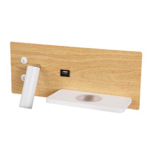 GloboStar® PALADIN 61359 Μοντέρνο Φωτιστικό Τοίχου – Απλίκα Ξενοδοχείου Bed Side LED 6W 720lm 36° AC 220-240V – Reading Light & Κρυφός Φωτισμός – Φορτιστές USB 3A & Wireless 20W – Μ30 x Π11 x Υ12cm – Φυσικό Λευκό 4500K – Ξύλο & Λευκό – Αριστερό