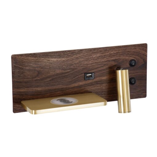 GloboStar® PALADIN 61361 Μοντέρνο Φωτιστικό Τοίχου – Απλίκα Ξενοδοχείου Bed Side LED 6W 720lm 36° AC 220-240V – Reading Light & Κρυφός Φωτισμός – Φορτιστές USB 3A & Wireless 20W – Μ30 x Π11 x Υ12cm – Φυσικό Λευκό 4500K – Ξύλο & Χρυσό – Αριστερό