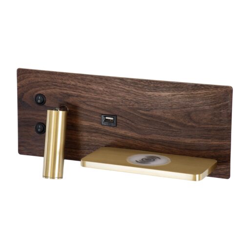 GloboStar® PALADIN 61362 Μοντέρνο Φωτιστικό Τοίχου – Απλίκα Ξενοδοχείου Bed Side LED 6W 720lm 36° AC 220-240V – Reading Light & Κρυφός Φωτισμός – Φορτιστές USB 3A & Wireless 20W – Μ30 x Π11 x Υ12cm – Φυσικό Λευκό 4500K – Ξύλο & Χρυσό – Δεξί