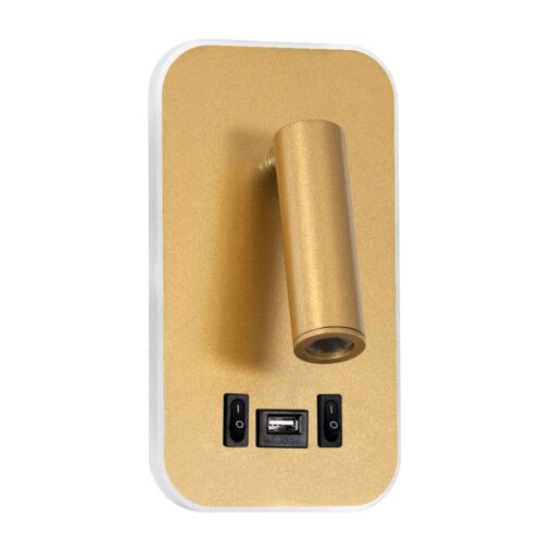 GloboStar® LADY-O 61366 Μοντέρνο Φωτιστικό Τοίχου – Απλίκα Ξενοδοχείου Bed Side LED 10W 1000lm 36° & 360° AC 220-240V – Reading Light & 360° Κρυφός Φωτισμός – Φορτιστής USB 3A – Μ10.5 x Π10 x Υ18.5cm – Φυσικό Λευκό 4500K – Χρυσό Βούρτσας