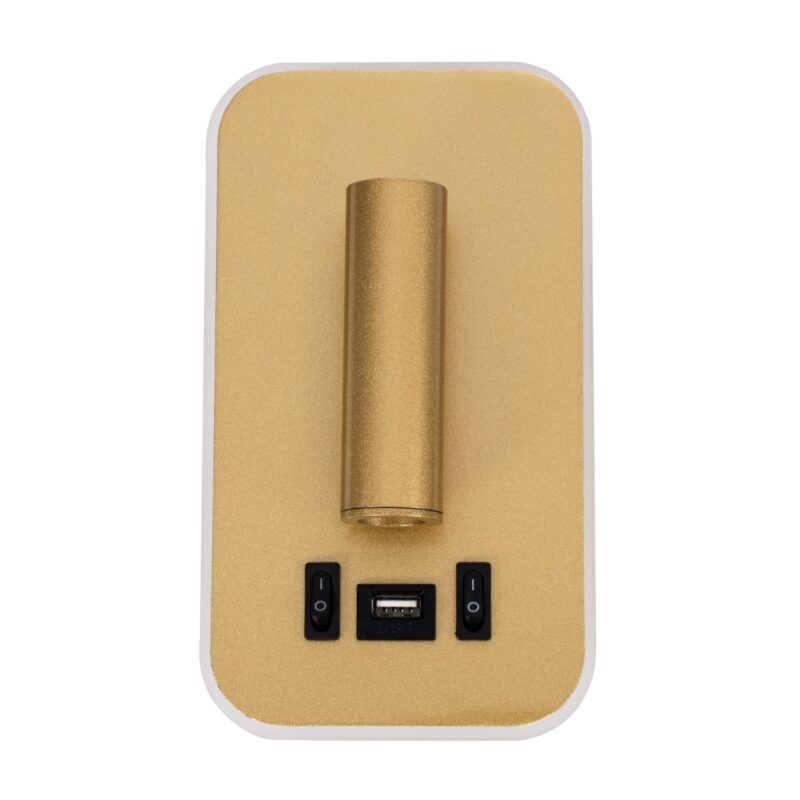 GloboStar® LADY-O 61366 Μοντέρνο Φωτιστικό Τοίχου – Απλίκα Ξενοδοχείου Bed Side LED 10W 1000lm 36° & 360° AC 220-240V – Reading Light & 360° Κρυφός Φωτισμός – Φορτιστής USB 3A – Μ10.5 x Π10 x Υ18.5cm – Φυσικό Λευκό 4500K – Χρυσό Βούρτσας