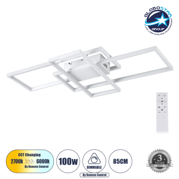 GloboStar® QUADRA 61386 Φωτιστικό Οροφής Design LED CCT 100W 12000lm 120° AC 220-240V – Εναλλαγή Φωτισμού μέσω Τηλεχειριστηρίου All In One Ψυχρό 6000k+Φυσικό 4500k+Θερμό 2700k Dimmable Μ85 x Π45 x Υ9cm – Λευκό – 3 Years Warranty