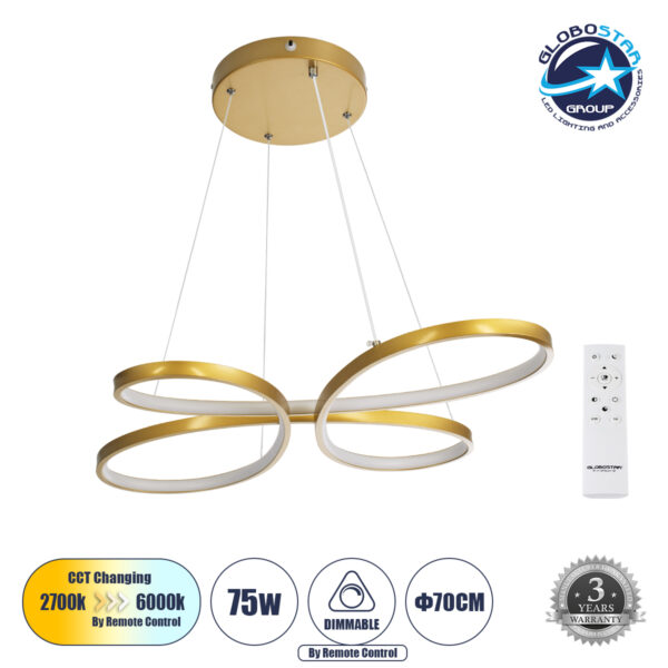 GloboStar® BUTTERFLY 61393 Κρεμαστό Φωτιστικό Οροφής Design LED CCT 75W 8400lm 300° AC 220-240V – Εναλλαγή Φωτισμού μέσω Τηλεχειριστηρίου All In One Ψυχρό 6000k+Φυσικό 4500k+Θερμό 2700k Dimmable Μ71 x Π52 x Υ4cm – Χρυσό Βούρτσας – 3 Years Warranty